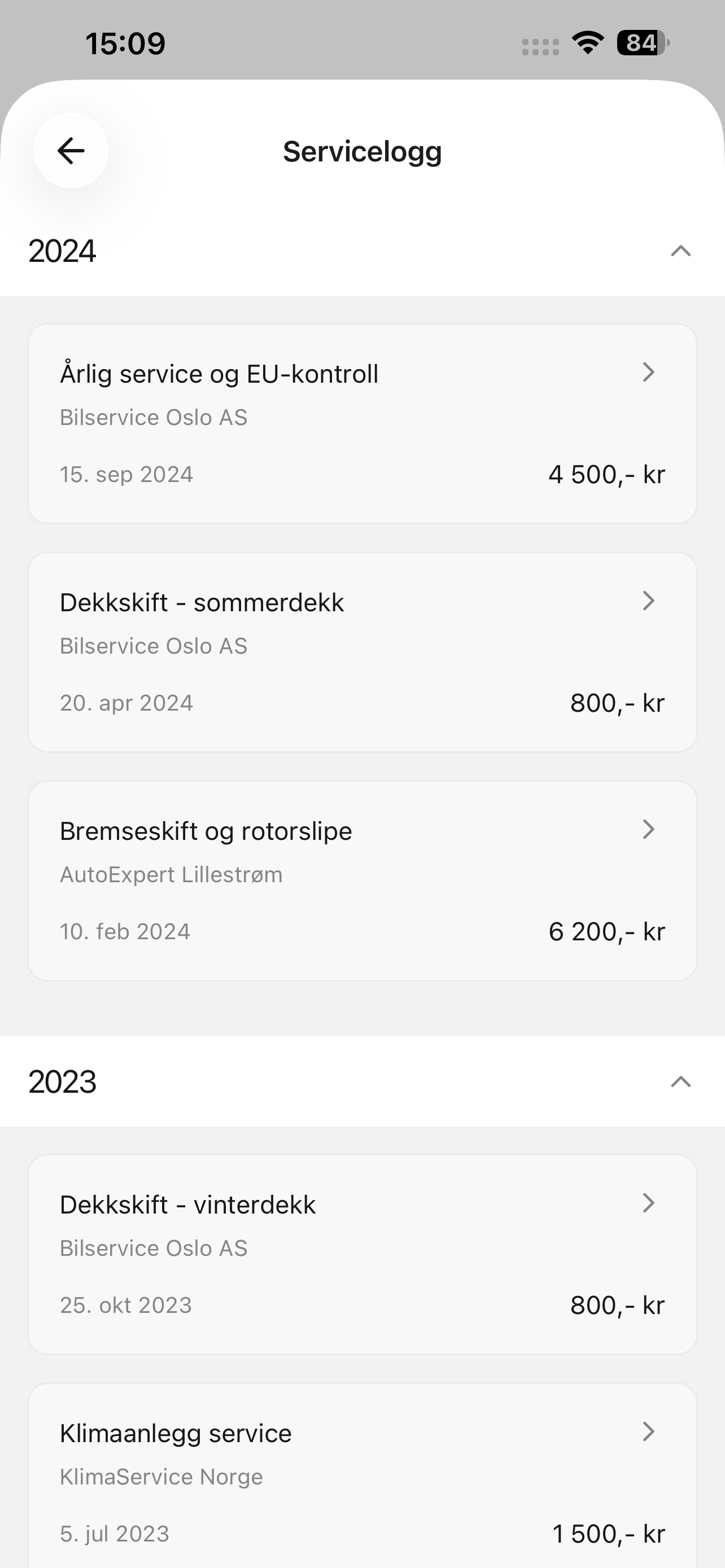 MinBil servicehistorikk